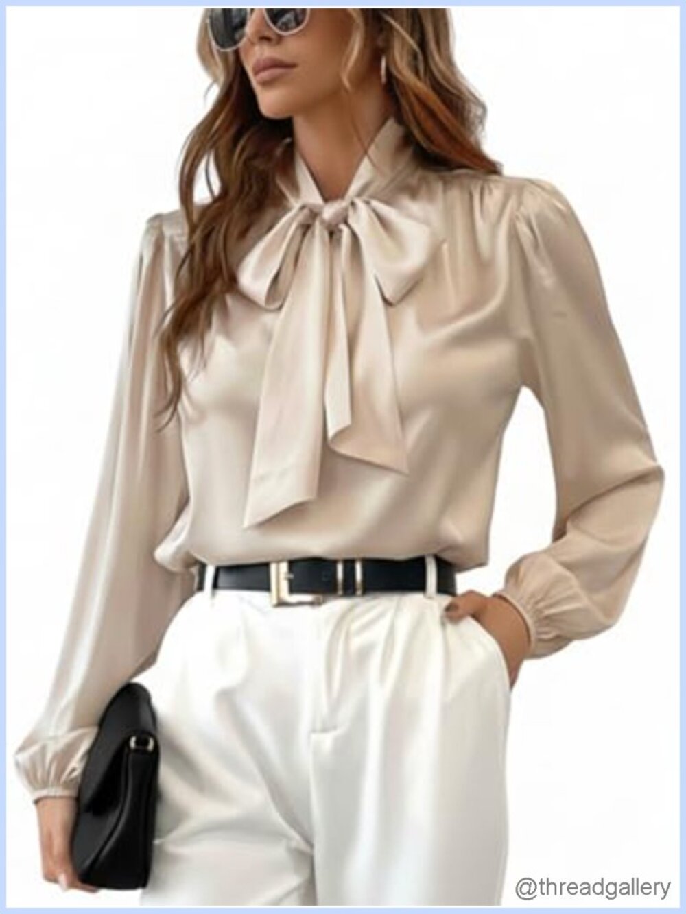 Women's Satin Bow Tie Neck Long Sleeve Blouse